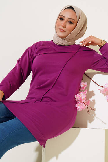 Asimetrik Dikiş Detaylı Büyük Beden Tunik Mor - Tunik
