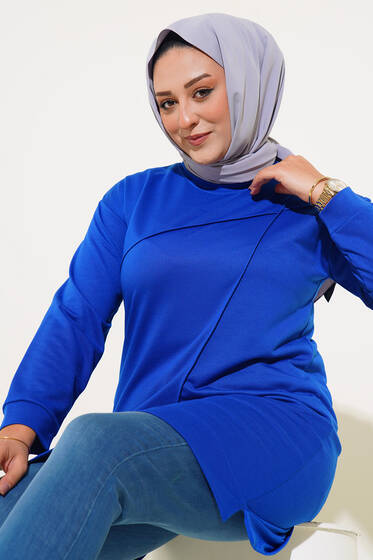 Asimetrik Dikiş Detaylı Büyük Beden Tunik Saks - Tunik