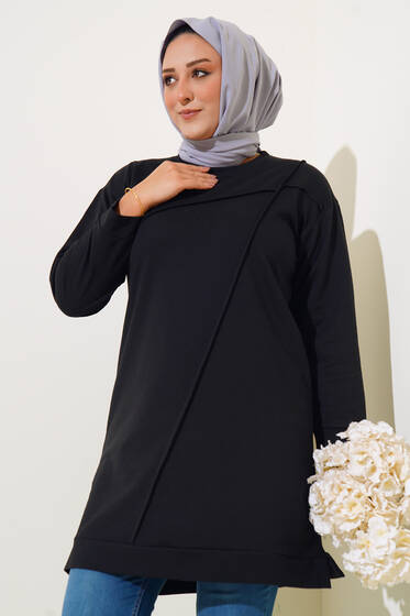 Asimetrik Dikiş Detaylı Büyük Beden Tunik Siyah - Tunik
