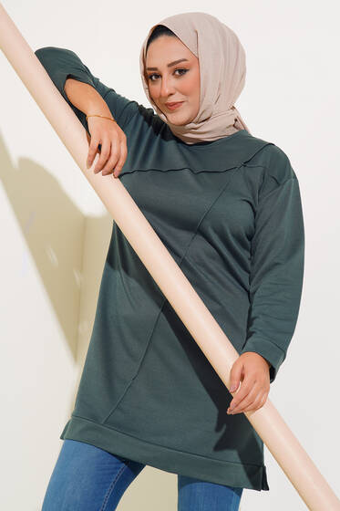 Asimetrik Dikiş Detaylı Büyük Beden Tunik Zümrüt Yeşili - Tunik
