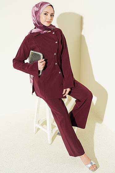 Asimetrik Düğmeli İpli Tensel İkili Takım Bordo - İkili Takım