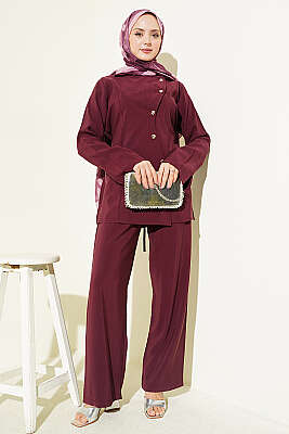 Asimetrik Düğmeli İpli Tensel İkili Takım Bordo - İkili Takım