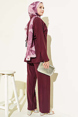 Asimetrik Düğmeli İpli Tensel İkili Takım Bordo - İkili Takım