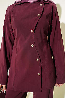 Asimetrik Düğmeli İpli Tensel İkili Takım Bordo - İkili Takım