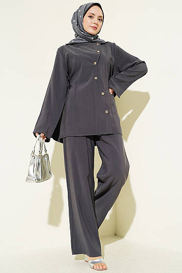 Asimetrik Düğmeli İpli Tensel İkili Takım Füme - İkili Takım