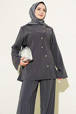 Asimetrik Düğmeli İpli Tensel İkili Takım Füme - İkili Takım