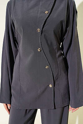 Asimetrik Düğmeli İpli Tensel İkili Takım Füme - İkili Takım