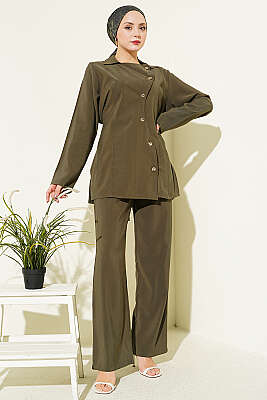 Asimetrik Düğmeli İpli Tensel İkili Takım Haki - DESTİNA