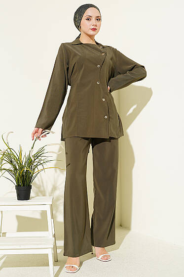 Asimetrik Düğmeli İpli Tensel İkili Takım Haki - İkili Takım