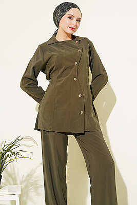 Asimetrik Düğmeli İpli Tensel İkili Takım Haki - İkili Takım