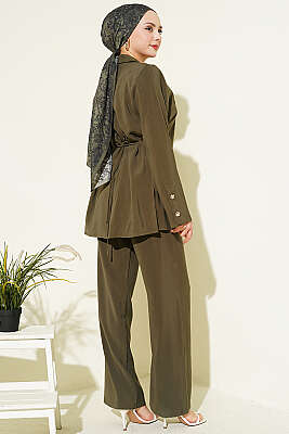 Asimetrik Düğmeli İpli Tensel İkili Takım Haki - İkili Takım