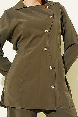 Asimetrik Düğmeli İpli Tensel İkili Takım Haki - İkili Takım