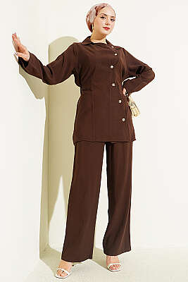 Asimetrik Düğmeli İpli Tensel İkili Takım Kahve - DESTİNA