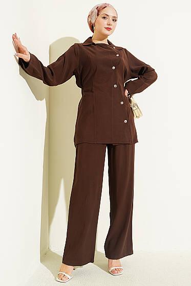 Asimetrik Düğmeli İpli Tensel İkili Takım Kahve - İkili Takım