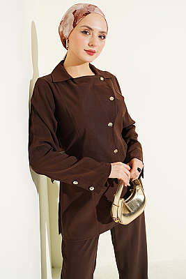 Asimetrik Düğmeli İpli Tensel İkili Takım Kahve - İkili Takım