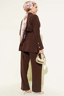 Asimetrik Düğmeli İpli Tensel İkili Takım Kahve - İkili Takım