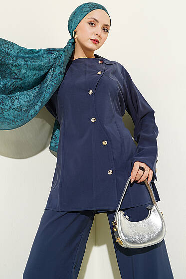 Asimetrik Düğmeli İpli Tensel İkili Takım Lacivert - İkili Takım