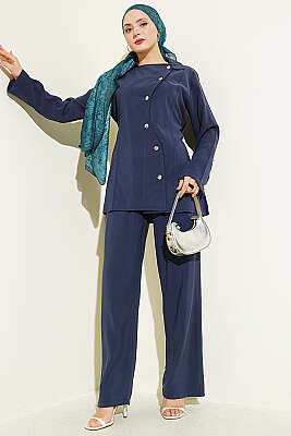 Asimetrik Düğmeli İpli Tensel İkili Takım Lacivert - İkili Takım