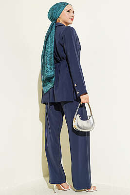 Asimetrik Düğmeli İpli Tensel İkili Takım Lacivert - İkili Takım