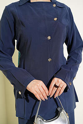 Asimetrik Düğmeli İpli Tensel İkili Takım Lacivert - İkili Takım