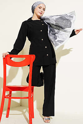 Asimetrik Düğmeli İpli Tensel İkili Takım Siyah - DESTİNA