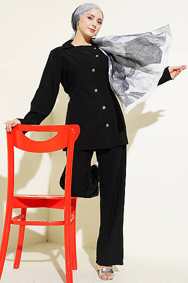 Asimetrik Düğmeli İpli Tensel İkili Takım Siyah - İkili Takım