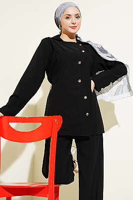 Asimetrik Düğmeli İpli Tensel İkili Takım Siyah - İkili Takım