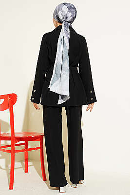 Asimetrik Düğmeli İpli Tensel İkili Takım Siyah - İkili Takım