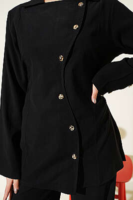 Asimetrik Düğmeli İpli Tensel İkili Takım Siyah - İkili Takım