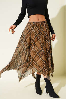Asimetrik Ekose Desenli Şifon Midi Etek Latte - CALİENTE
