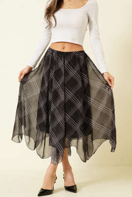 Asimetrik Ekoseli Beli Lastikli Midi Etek Siyah - Kadın Giyim Modelleri