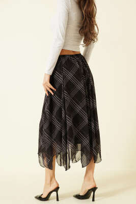 Asimetrik Ekoseli Beli Lastikli Midi Etek Siyah - Kadın Giyim Modelleri