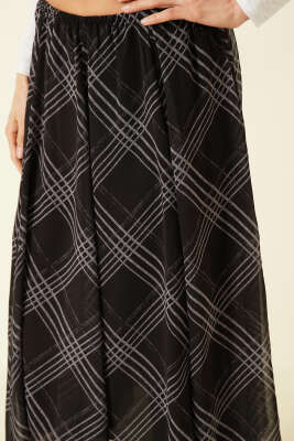 Asimetrik Ekoseli Beli Lastikli Midi Etek Siyah - Kadın Giyim Modelleri