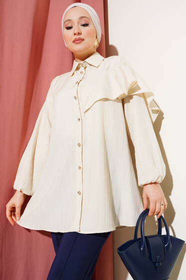 Asimetrik Fırfırlı Kabartma Çizgili Gömlek Bej - Gömlek