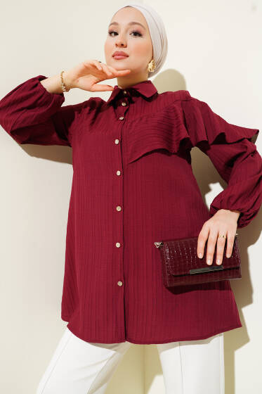 Asimetrik Fırfırlı Kabartma Çizgili Gömlek Bordo - Gömlek