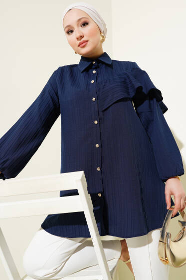 Asimetrik Fırfırlı Kabartma Çizgili Gömlek Lacivert - Gömlek