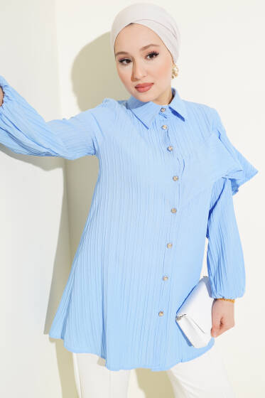 Asimetrik Fırfırlı Kabartma Çizgili Gömlek Mavi - Gömlek