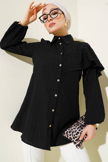 Asimetrik Fırfırlı Kabartma Çizgili Gömlek Siyah - Gömlek