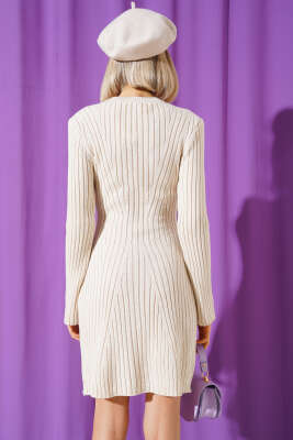 Asimetrik Fitilli Kısa Triko Elbise Bej - Kadın Giyim Modelleri