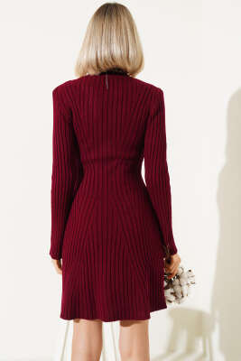 Asimetrik Fitilli Kısa Triko Elbise Bordo - Kadın Giyim Modelleri