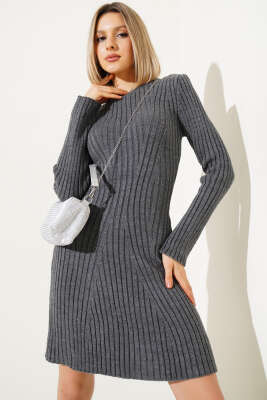 Asimetrik Fitilli Kısa Triko Elbise Füme - Kadın Giyim Modelleri