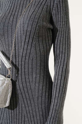 Asimetrik Fitilli Kısa Triko Elbise Füme - Kadın Giyim Modelleri