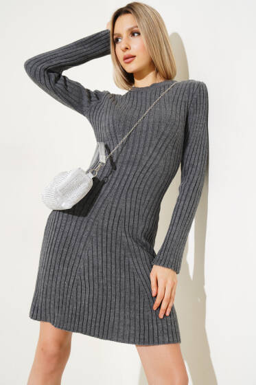 Asimetrik Fitilli Kısa Triko Elbise Füme - Yeni Giyim