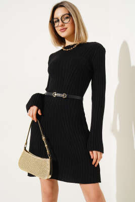 Asimetrik Fitilli Kısa Triko Elbise Siyah - Kadın Giyim Modelleri