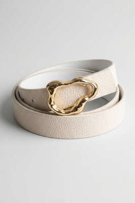 Asimetrik Gold Tokalı Kemer Bej 