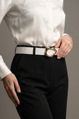 Asimetrik Gold Tokalı Kemer Beyaz - Deri Kemer