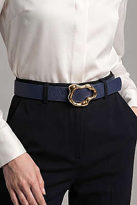 Asimetrik Gold Tokalı Kemer Lacivert - Deri Kemer