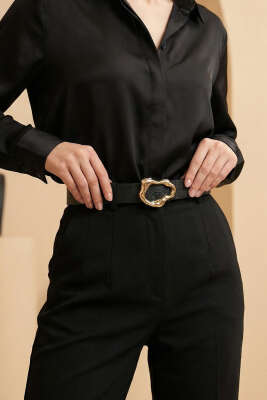 Asimetrik Gold Tokalı Kemer Siyah - Deri Kemer