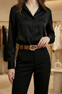 Asimetrik Gold Tokalı Kemer Taba - Deri Kemer