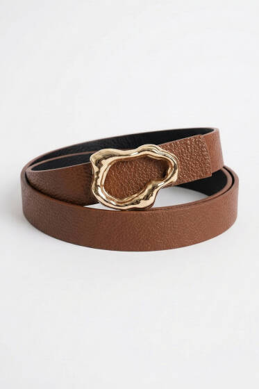 Asimetrik Gold Tokalı Kemer Taba - Deri Kemer